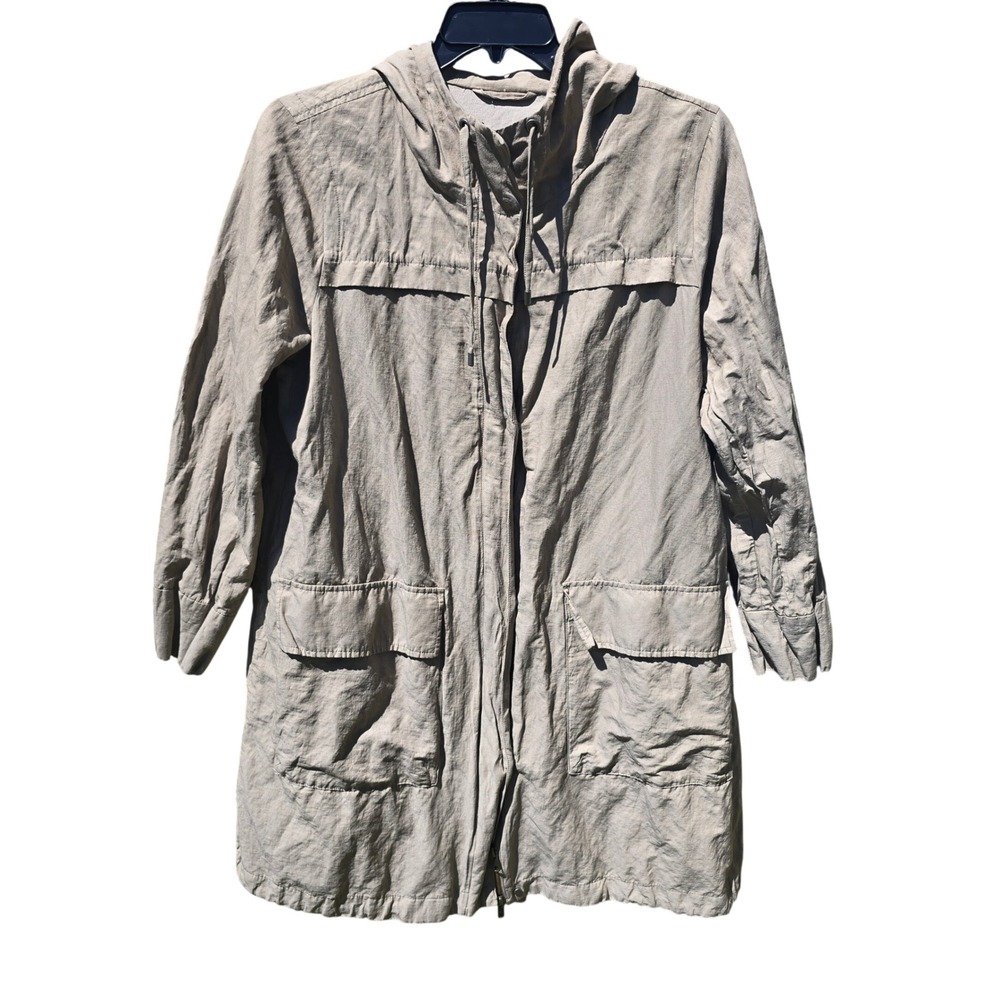 Eileen Fisher Organic Cotton Blend Hooded Parka Jacket Taupe F5CWL Large‎ - Picture 2 of 9
